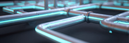 Glowing blue pipes are arranged in a complex pattern, highlighted against a dark background.の素材