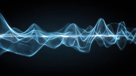Dynamic sound waves are shown in a glowing blue hue, creating an abstract portrayal of audio energy and vibration against a black backdrop.の素材