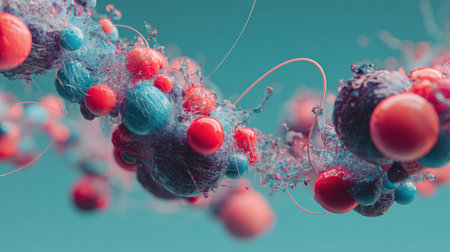 A vibrant molecular structure features colorful spheres and strands against a bright blue backdrop, showing scientific wonder.の素材