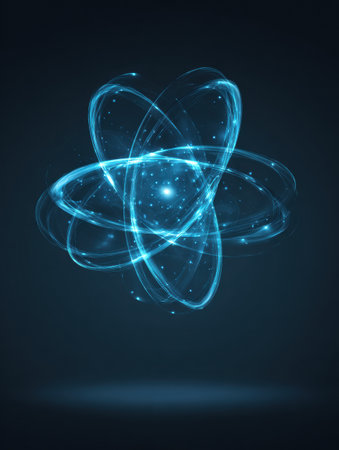 A stunning digital artwork displays an atom with glowing blue energy patterns.の素材