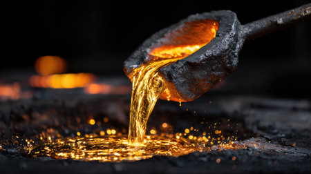 Molten metal flows from a ladle into a mold, capturing the glow of the material as it cools. This scene reflects skilled craftsmanship at a foundry.の素材