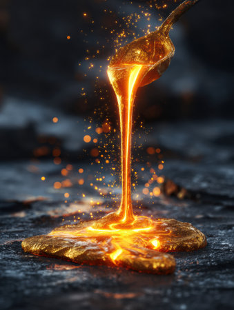 Liquid gold cascades from a spoon, forming a luminous pool on rough stone while brilliant sparks dance around in the dim light.の素材