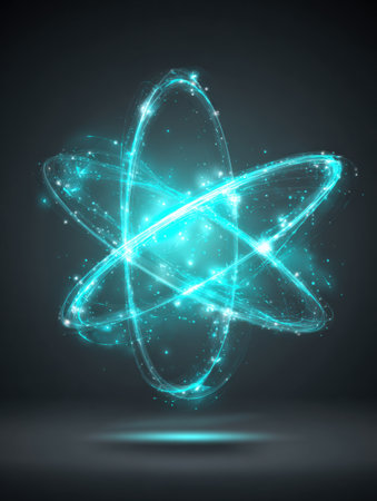 A glowing atomic symbol emits bright blue energy while dynamic swirls surround it, creating a captivating visual effect in a dark setting.の素材