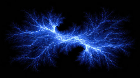 A vibrant display of electric blue lightning-like patterns forming intricate fractals against a dark background, showing a dynamic and detailed design.の素材