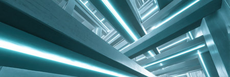 Illuminated beams create an abstract scene, emphasizing modern architecture and innovative design elements in a unique geometric arrangementの素材