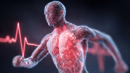 A human silhouette appears to be running, surrounded by glowing lines and a heartbeat graph, emphasizing movement and vitality in a high-tech design.の素材