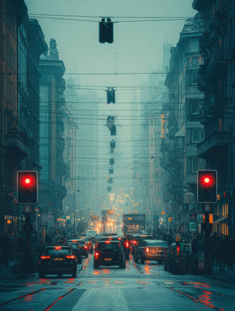 Busy street scene filled with cars and red traffic lights, enveloped in fog during an evening in a lively city, reflecting the energetic urban environmentの素材