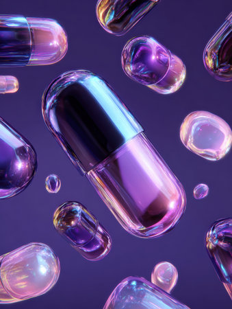 Translucent capsules and bubbles in various shapes and sizes float against a deep purple backdrop, creating a colorful and visually appealing abstract scene.の素材