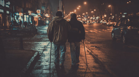 Two people stroll closely together along a rain-soaked street at night. City lights illuminate the wet pavement as they use canes for support.の素材