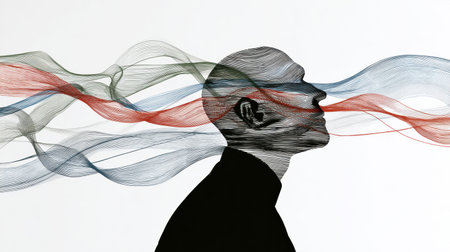 A silhouette of a person gazes forward with flowing lines of color emanating from the head. The lines visually represent thoughts, feelings, or creativity.の素材