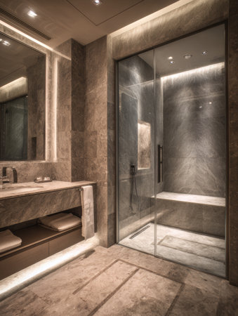 This stylish bathroom features marble walls and floors, a spacious glass shower, and soft lighting for a soothing atmosphere, perfect for relaxation.の素材