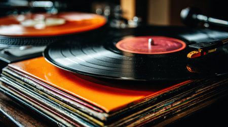 Vinyl records are arranged on a turntable, showcasing vibrant album covers while music fills the cozy room with a lively atmosphere.の素材