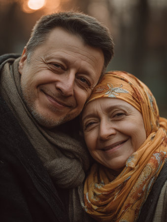 A couple stands close together, smiling warmly at each other, surrounded by nature as soft sunlight filters through trees in the background.の素材