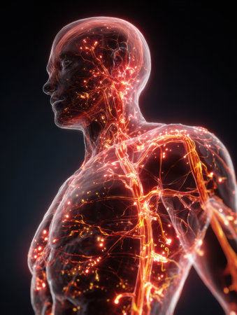 A stunning side view illustration showcases the human body, highlighting the vibrant network of veins and arteries in the circulatory system.の素材