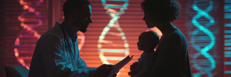 A doctor engages in a conversation with a mother holding her baby, sharing insights about genetics in a vibrant office illuminated by colorful lights.の素材