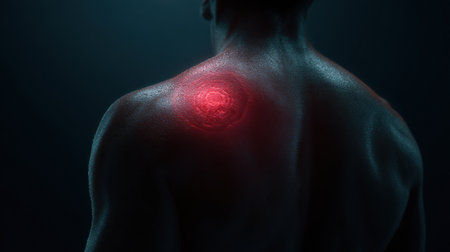 A strong silhouette faces away, showcasing a bright red symbol on the shoulder in a dim space, creating an intense atmosphere.の素材