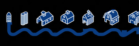 Artistic design showcases various building shapes and structures flowing alongside a blue, wavy line resembling a river, emphasizing creativity.の素材