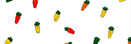 Brightly colored cartoon carrots in various shades are scattered on a plain white background, ideal for creativity in childrens art or kitchen decor.の素材