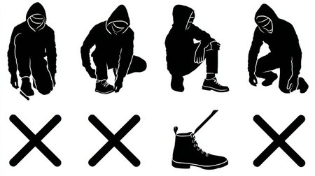 Demonstration of how to tie shoelaces by illustrating various steps and positions to ensure proper technique and style with different footwear.の素材