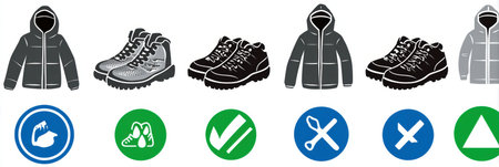 Visual guide displaying care instructions for outdoor jackets and hiking shoes with icons for gloves, footwear, suitability, and maintenance practices.の素材