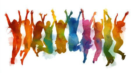 A diverse group of people jumps joyfully, creating colorful silhouettes.の素材