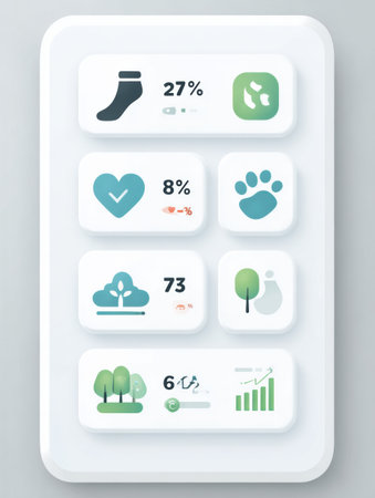 Activity metrics show percentages for steps, heart health, environmental actions, and exercise performance in a modern design layout.の素材