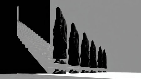 Cloaked figures gracefully move up a set of stairs, revealing modern sneakers below, blending tradition with contemporary style in a minimalist setting.の素材