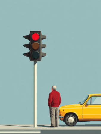An elderly man stands patiently at a traffic light while a yellow car is parked beside him, creating a tranquil urban moment under a clear sky.の素材