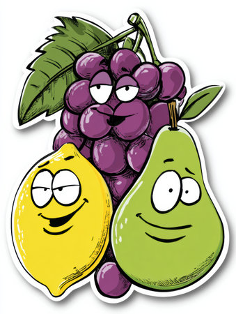 Three cartoon fruits showcase cheerful expressions, including a purple grape, a yellow lemon, and a green pear, set against a simple background.の素材