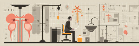 Researcher sits at a workstation in a medical laboratory surrounded by diagrams of kidney anatomy and various scientific equipment used for analysis.の素材