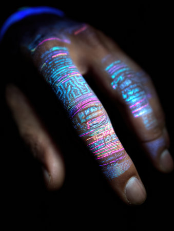 A hand showcases vibrant, glowing patterns during nighttime, highlighting intricate designs across the fingers in a visually stunning display.の素材