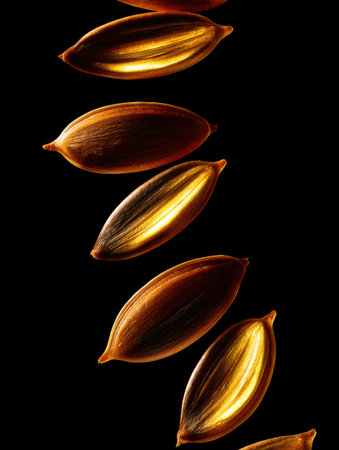 Detailed view of golden seeds lined up against a black background, highlighting the intricate shapes and glossy surfaces under soft lightingの素材