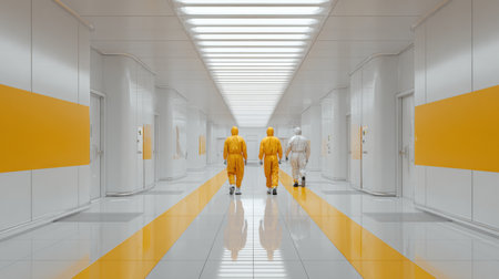 Two people wearing yellow protective suits walk side by side in a sleek corridor lined with bright yellow details, showcasing a futuristic environment.の素材