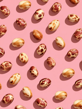 A variety of beans with distinct patterns and colors are scattered on a soft pink background, creating a visually striking and artistic compositionの素材