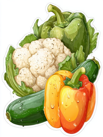 A vibrant arrangement of green bell pepper, yellow and red bell peppers, zucchini, and cauliflower with water droplets, showing freshness and health.の素材