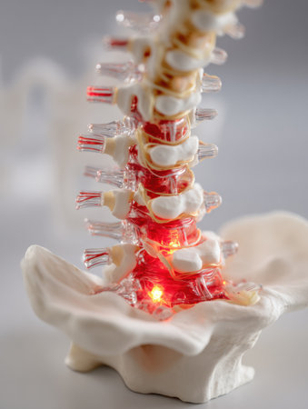 Anatomical model features a human spine with LED illumination to highlight its structure. Ideal for educational purposes in a clinical or academic environment.の素材