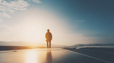 A worker stands alone on a rooftop during sunset, gazing at the mountains in the distance. The golden light creates a dramatic atmosphere.の素材