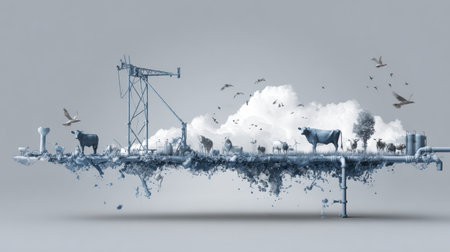 This scene blends nature and industry, showcasing cows, clouds, and machinery for a captivating visual effect.の素材