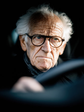 A thoughtful elderly man wears glasses and drives, showing concentration and intensity while navigating through a dark environment.の素材