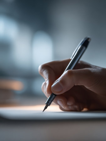 A hand grips a pen poised over a blank page, capturing the moment of creativity in a softly lit environment. Focus is on the act of writing.の素材