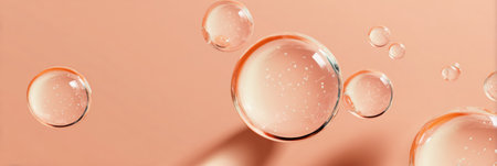 Clear bubbles gently rest on a smooth peach surface, reflecting light in a calming composition that evokes a sense of tranquility and elegance.の素材