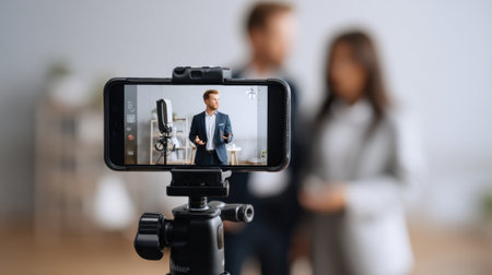 Two business professionals stand in a modern office as one presents to a camera on a tripod, highlighting teamwork and video content creation.の素材