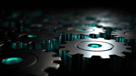 Metallic gears arranged closely together in a dim environment, displaying reflections and intricate edges, creating a mechanized atmosphere with depth.の素材