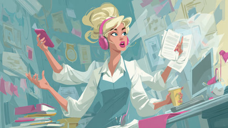 A professional woman juggles multiple tasks in a vibrant office, holding a phone, a book, and a coffee cup while managing her hectic workspace efficiently.の素材