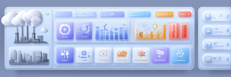 This graphic showcases icons and charts on urban pollution, featuring factories, renewable energy, and key environmental data.の素材