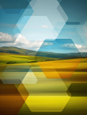 Colorful fields stretch across the landscape under blue skies, decorated with an abstract hexagonal overlay, showing natures beauty in harmony with art.の素材