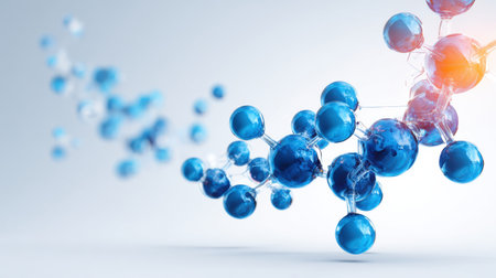 Molecular structure design showing interconnected blue spheres representing atoms, set against a soft gradient background in a laboratory context.の素材