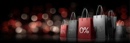 Shopping bags with percentage discounts are arranged stylishly, showcasing a vibrant atmosphere filled with blurred festive lights and excitement.の素材