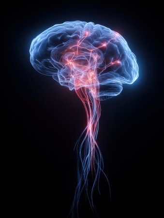 Glowing neural pathways connect in a digital brain display, highlighting the complexity of cognitive processes and creativity against a dark background.の素材