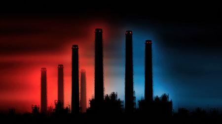 Darkened landscape features multiple smokestacks against a striking gradient sky of red and blue hues as night approaches, showcasing industrial scenery.の素材